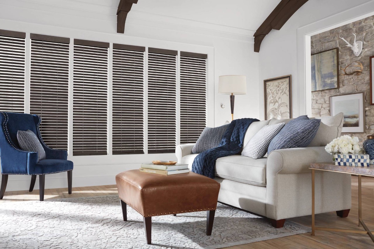 Hunter Douglas wood blinds in a living room featuring timeless design near Rochester, NY